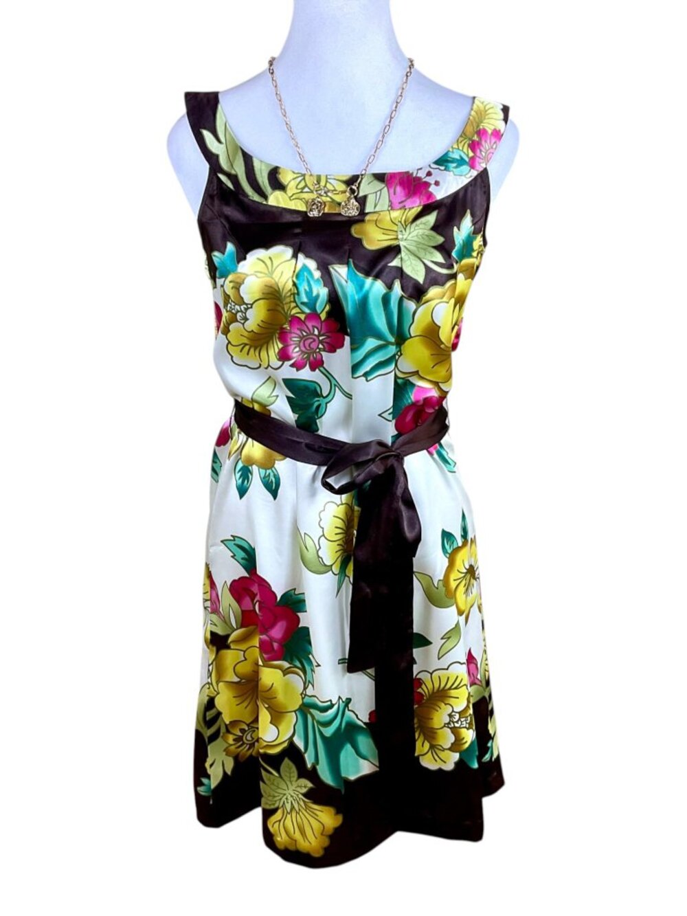 Geisha Dress Silk Floral Brown Yellow Multi (S)